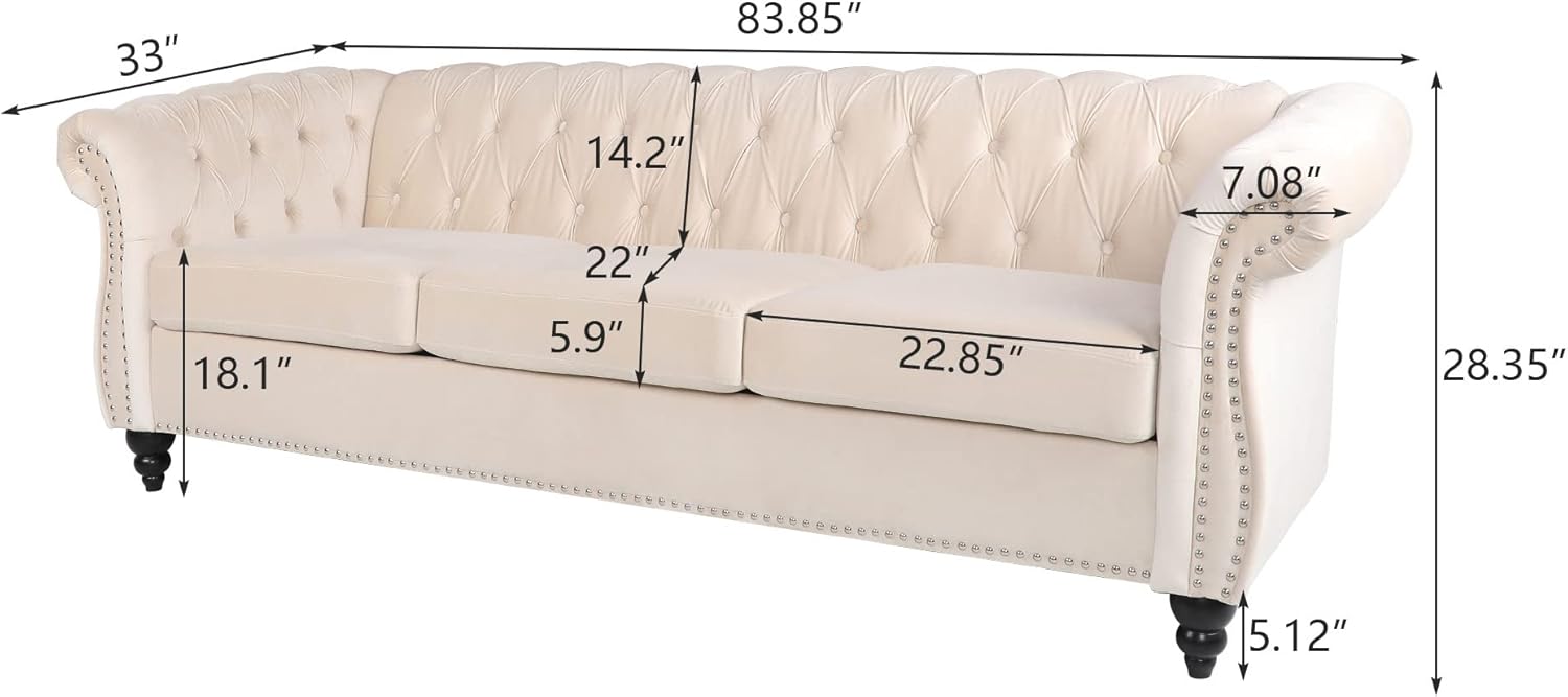 RARZOE Chesterfield Classic Sofa, Mordern 3 Seater Velvet Sofa Couch, Tufted Back Chesterfield Settee Sofas with Nailhead Trim Scroll Arms for Living Room Apartment(Beige)