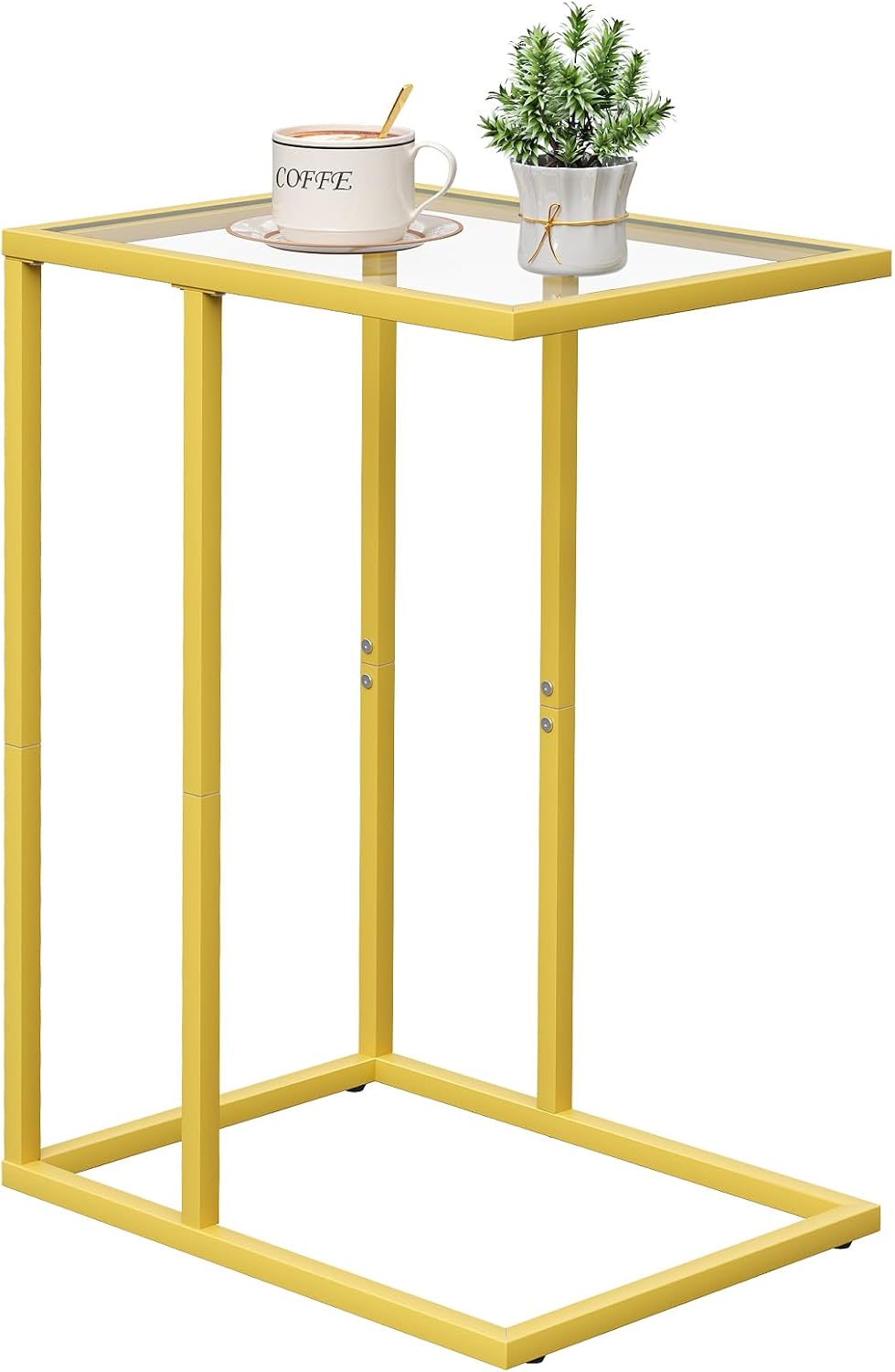 C Table Side End Table, Small C Shaped Table for Sofa,Glass Couch Sofa Tray Snack Table for Living Room, Bedroom,TV Tray Table for Small Space,Accent Coffee Table,Nightstand with Metal Frame(Yellow)