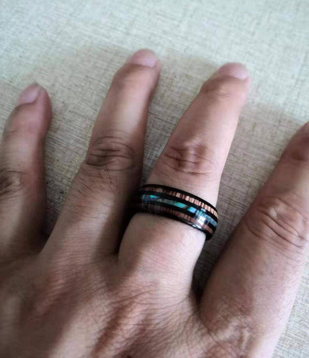 8mm Hawaiian Koa Wood and Abalone Shell Stainless Steel Rings Wedding Bands for Men Comfort Fit