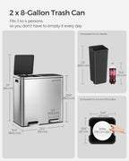 SONGMICS Trash Can, 2 x 8 Gallon (2 x 30 L) Garbage Can for Kitchen, with 15 Trash Bags, 2 Compartments, Plastic Inner Buckets and Hinged Lids, Airtight, Silver and Black ULTB60NL