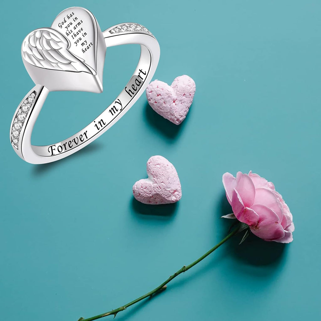 Angel Wing Heart Cremation Ring for Women - 925 Sterling Silver Holds Loved Ones Ashes Rings for Pet Human Ash