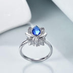 AOBOCO Lotus Urn Ring Jewelry for Ashes for Women Sterling Silver with Sapphire Blue Crystal