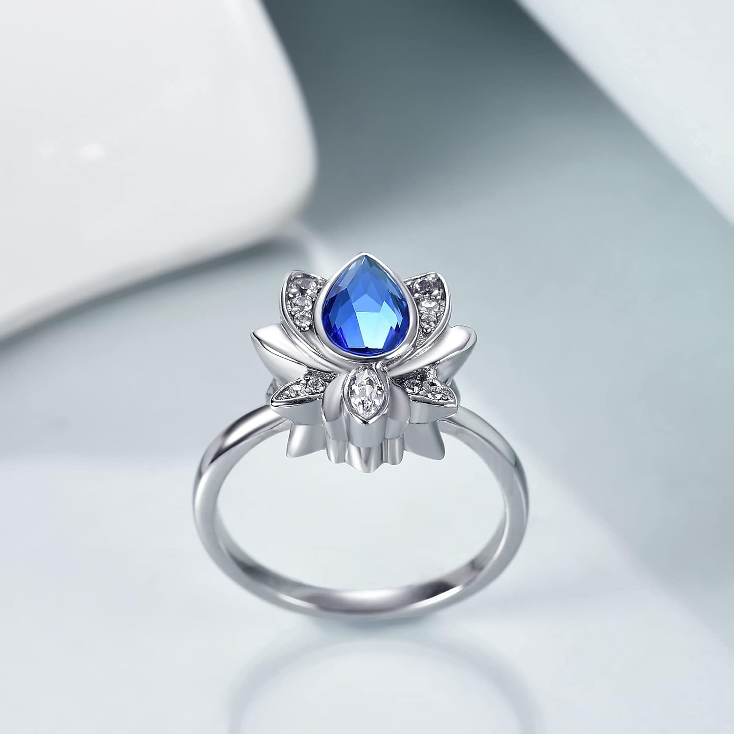 AOBOCO Lotus Urn Ring Jewelry for Ashes for Women Sterling Silver with Sapphire Blue Crystal