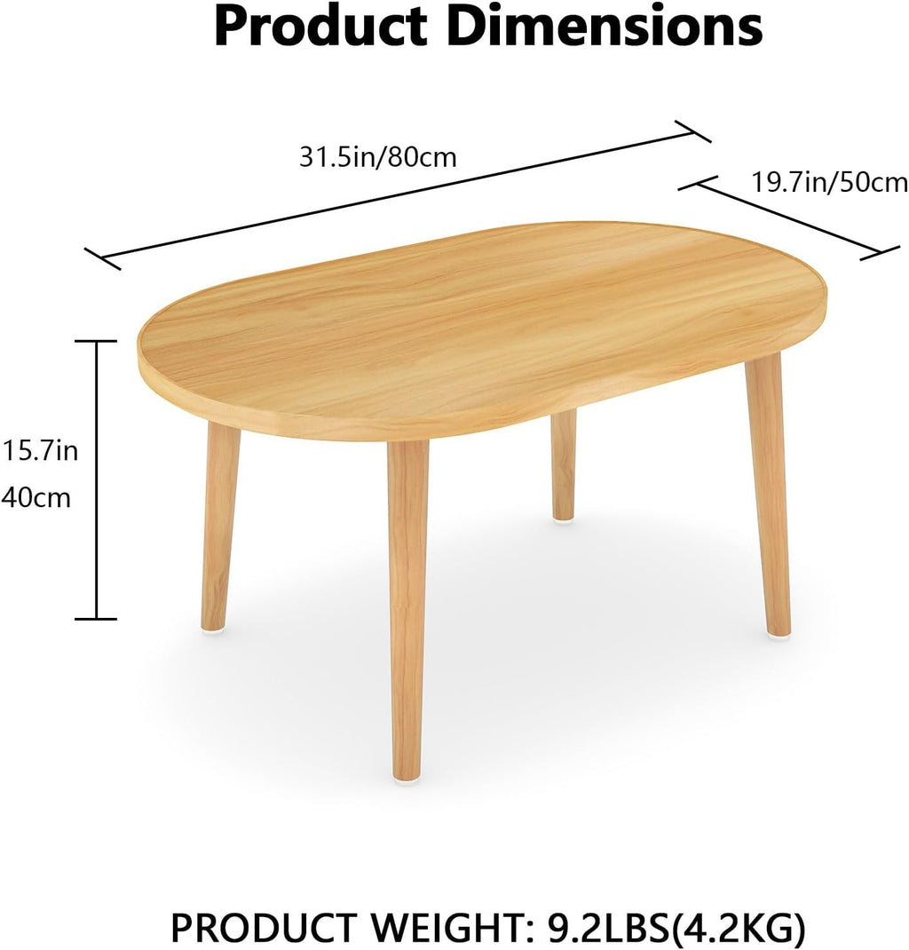 Oval Coffee Table Low Table with 4 Solid Wood Sturdy Legs, Floor Table Desk for Sitting on The Floor, Storage and Living Room Furniture (Natural)