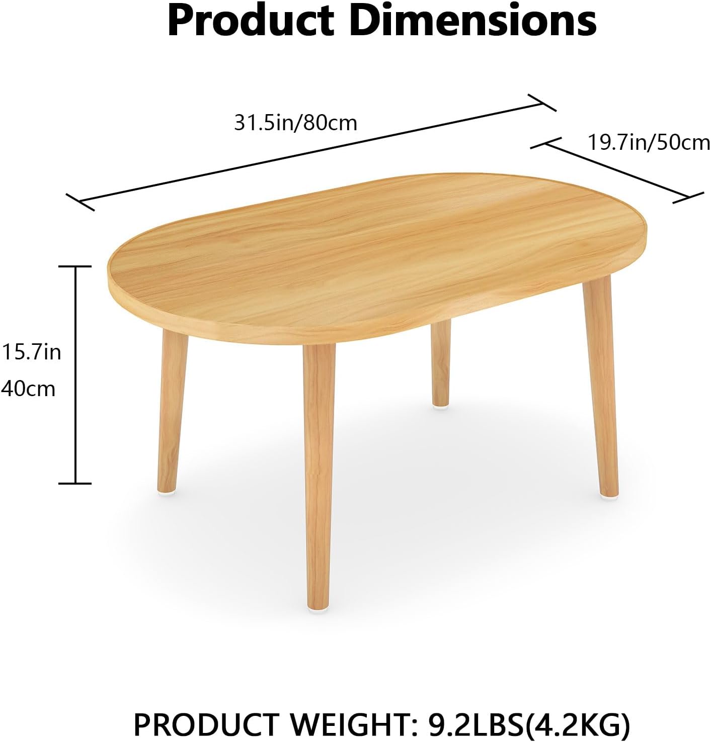 Oval Coffee Table Low Table with 4 Solid Wood Sturdy Legs, Floor Table Desk for Sitting on The Floor, Storage and Living Room Furniture (Natural)