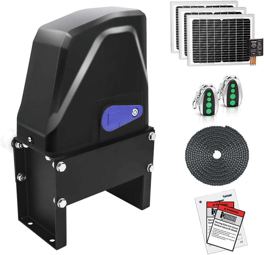 TOPENS DKC1100S Solar Sliding Gate Opener Chain Drive Automatic Gate Motor for Heavy Driveway Slide Gates Up to 2600 Pounds, Electric Gate Operator Battery Powered with Solar Panel Remote Control Kit
