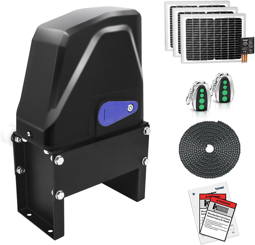 TOPENS DKC1100S Solar Sliding Gate Opener Chain Drive Automatic Gate Motor for Heavy Driveway Slide Gates Up to 2600 Pounds, Electric Gate Operator Battery Powered with Solar Panel Remote Control Kit