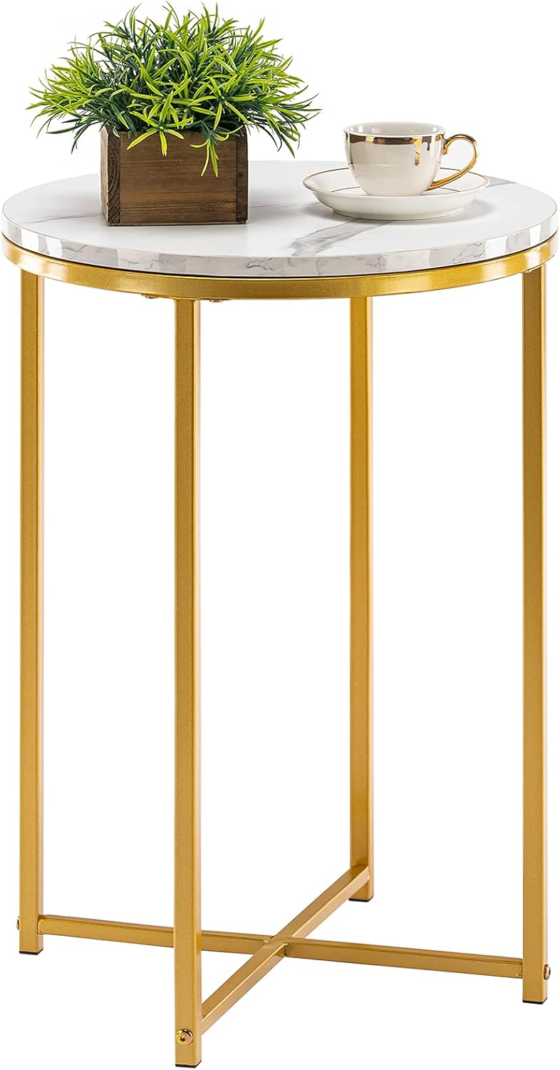 TECHMILLY Round End Table, Faux Marble Sofa Table, Accent Side Table with Metal Frame, Modern Gold Nightstand, Tall Coffee Table for Living Room, Bedroom