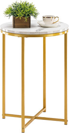 TECHMILLY Round End Table, Faux Marble Sofa Table, Accent Side Table with Metal Frame, Modern Gold Nightstand, Tall Coffee Table for Living Room, Bedroom