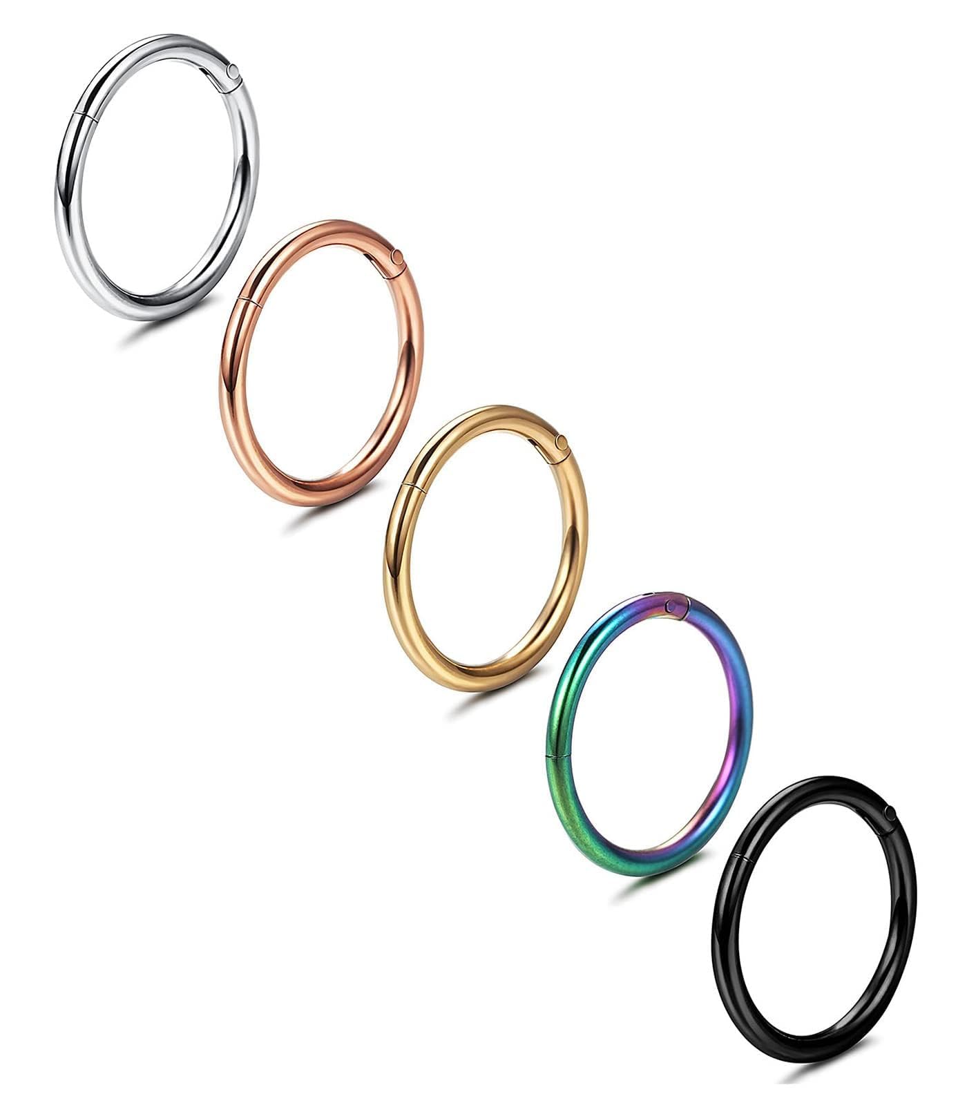 Jstyle 5Pcs 316L Surgical Steel Septum Rings Nose Rings Hoop 16G 18G 20G Hinged Clicker Hoop Nose Rings for Women Men Cartilage Hoop Earring Lip Helix Rook Tragus Conch Septum Nose Piercing Jewelry