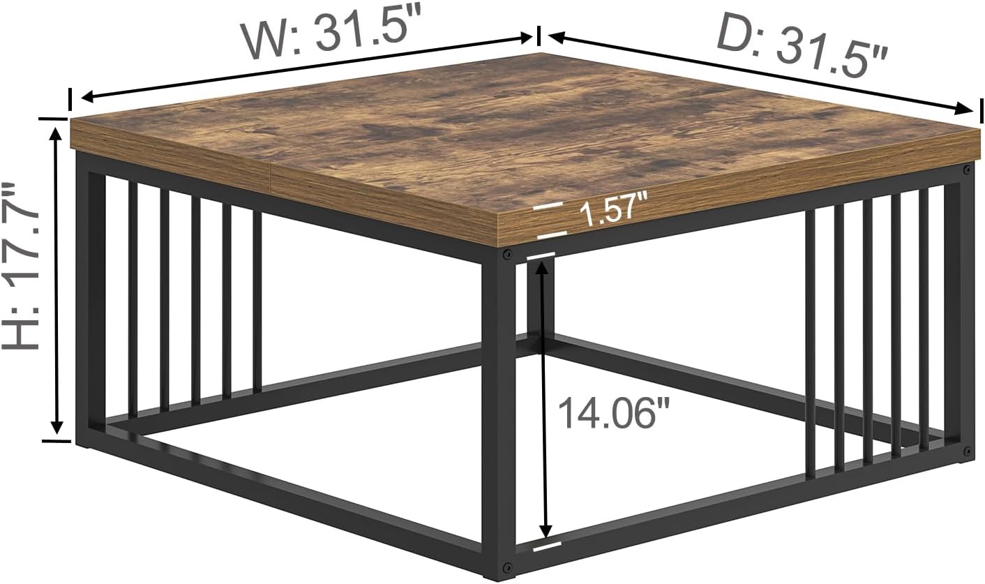 FOLUBAN Modern Coffee Table, Square Center Table for Living Room, Industrial Rustic Wood and Metal Cocktail Tea Table, 31.5 Inch, Brown