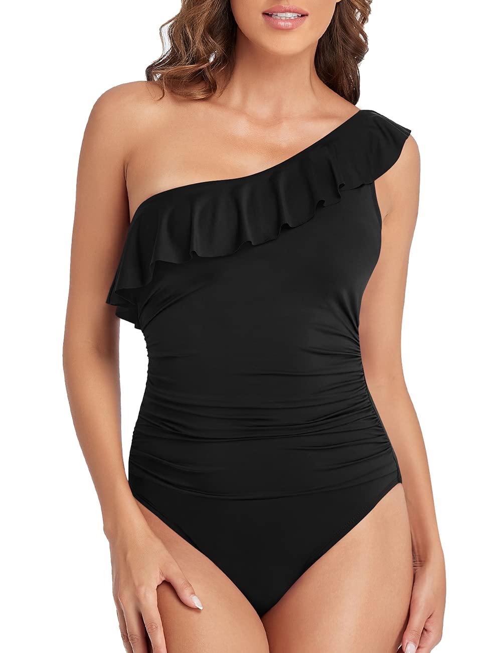 Hilor Women's One Piece Swimsuits One Shoulder Swimwear Asymmetric Ruffle Monokinis Bathing Suits Black 10 - Grand Goldman