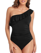 Hilor Women's One Piece Swimsuits One Shoulder Swimwear Asymmetric Ruffle Monokinis Bathing Suits Black 10 - Grand Goldman