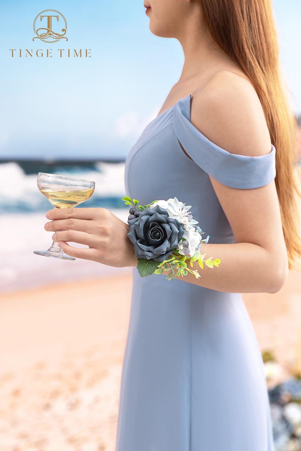 TINGE TIME Set of 2 Wrist Corsage Bracelets Pearl Wristlet Band Bridesmaid Bracelet for Wedding Ceremony Bridal Shower Wedding Artificial Flower Prom (Dusty Blue)