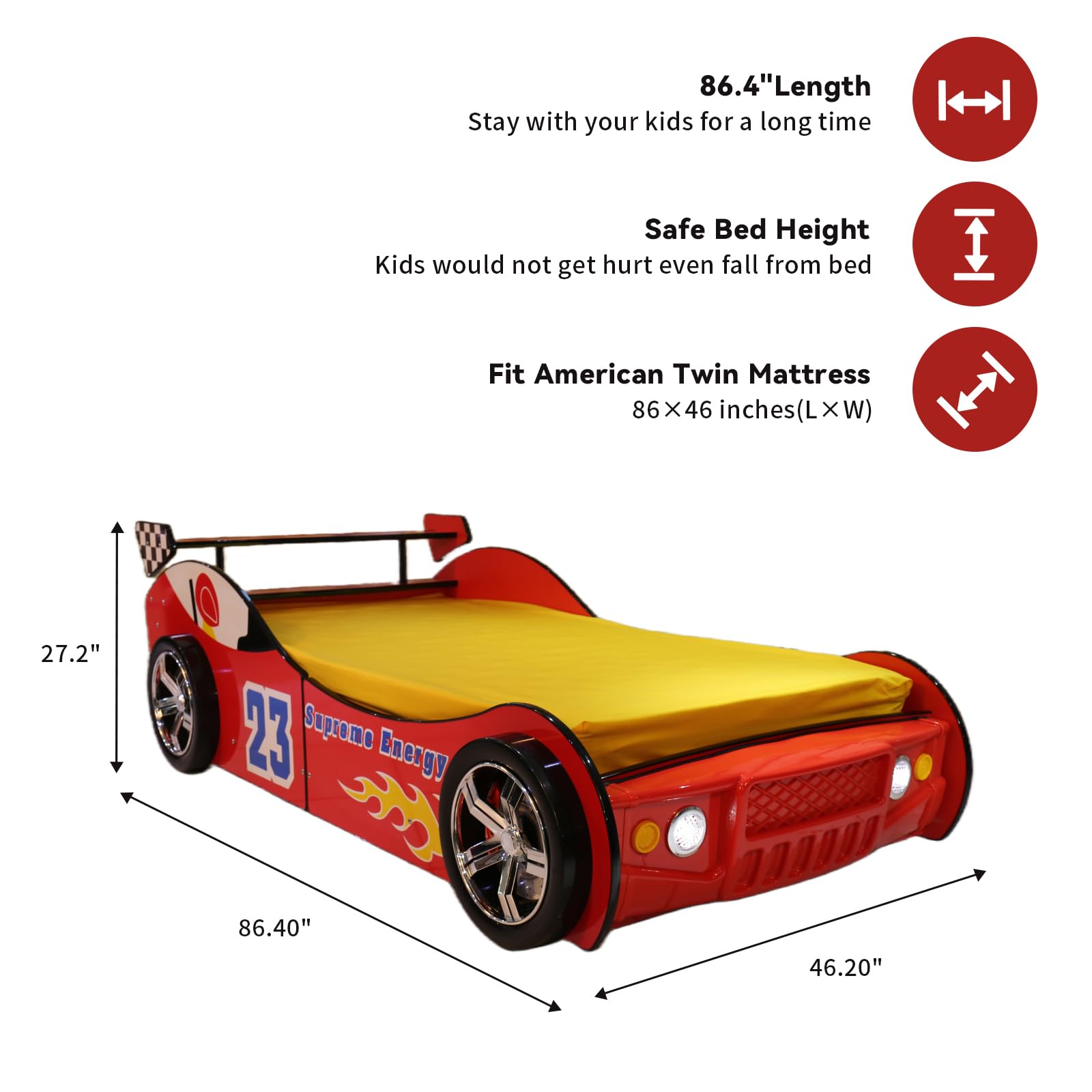 LKTART Twin Size Car Bed for Kids, Race Car-Shaped Wooden Platform Bed Frame with Headboard Wheels and Support Slats for Boys Toddlers Child's Bedroom (Red)