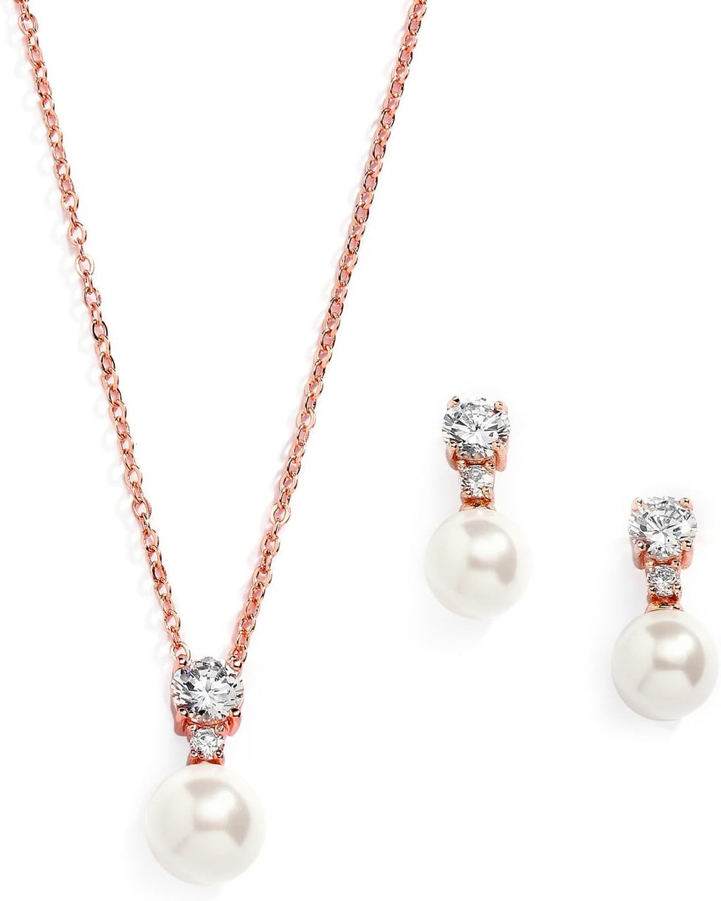 Mariell Pearl Wedding Necklace Earrings Set with CZ Crystal, Rose Gold Jewelry for Brides, Mother's Day
