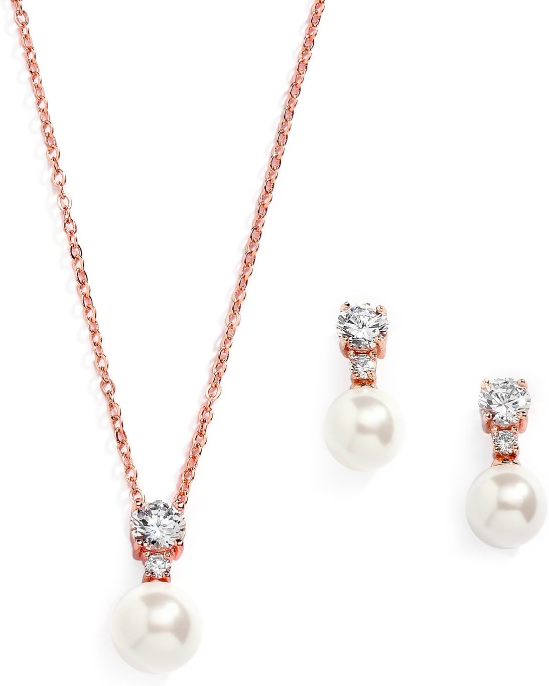 Mariell Pearl Wedding Necklace Earrings Set with CZ Crystal, Rose Gold Jewelry for Brides, Mother's Day