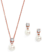Mariell Pearl Wedding Necklace Earrings Set with CZ Crystal, Rose Gold Jewelry for Brides, Mother's Day
