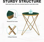 HLR Modern Round Side Table, End Table with Marble Effect Top and Gold Metal Frame, Small Side Table for Living Room, Bedroom, Sofa and Couch, Gold Legs, Green Marble top
