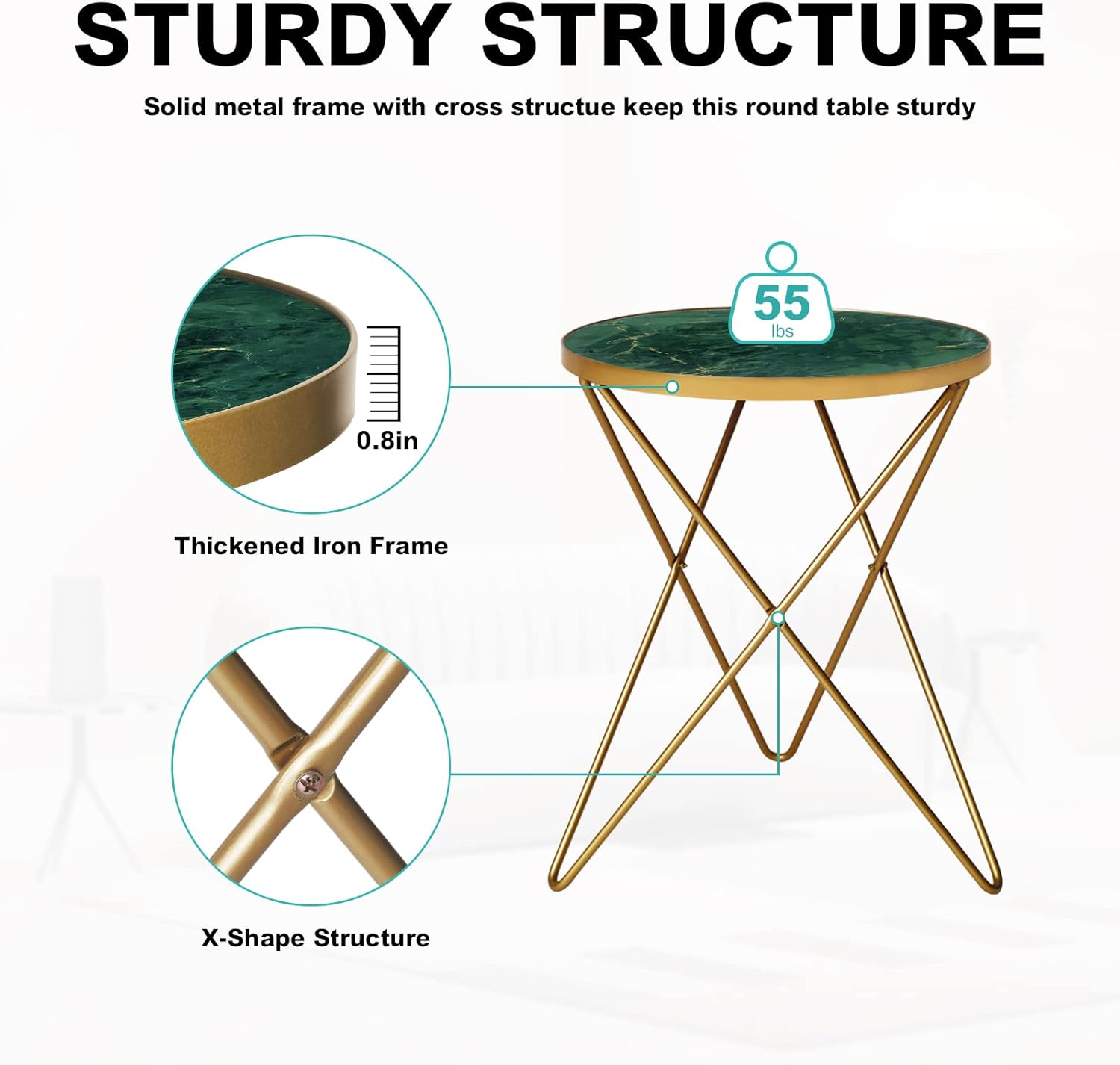 HLR Modern Round Side Table, End Table with Marble Effect Top and Gold Metal Frame, Small Side Table for Living Room, Bedroom, Sofa and Couch, Gold Legs, Green Marble top