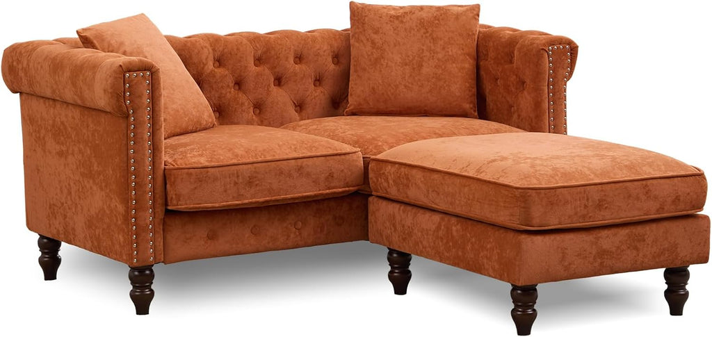 62" Chesterfield Tufted Velvet Sofa Couch with Gourd Wooden Legs, Classic Loveseat Sofa Couch with Nailhead Trim and Flared Arms, Comfy Loveseat Sectional with Chaise for Living Room, Orange