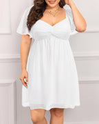 Pinup Fashion Women Plus Size Graduation Dress Bridal Shower Summer Casual Ruffle Sleeve Sweetheart White Chiffon A-Line Short Dresses