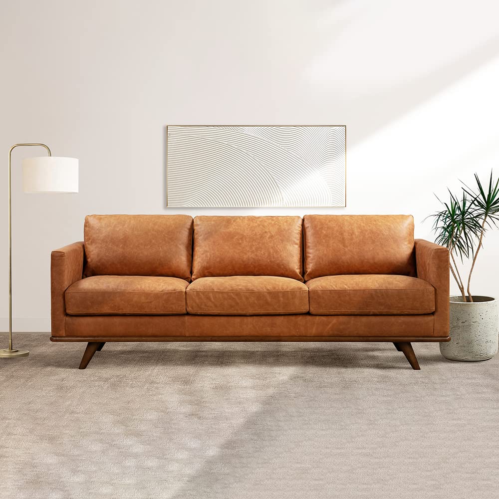 Poly & Bark Lyon Leather Couch - 87.4 Inch Sofa - Full-Grain Leather Sofa for Living Room with Feather-Down Topper - Living Room Couch - Vintage Italian Leather in Cognac Tan