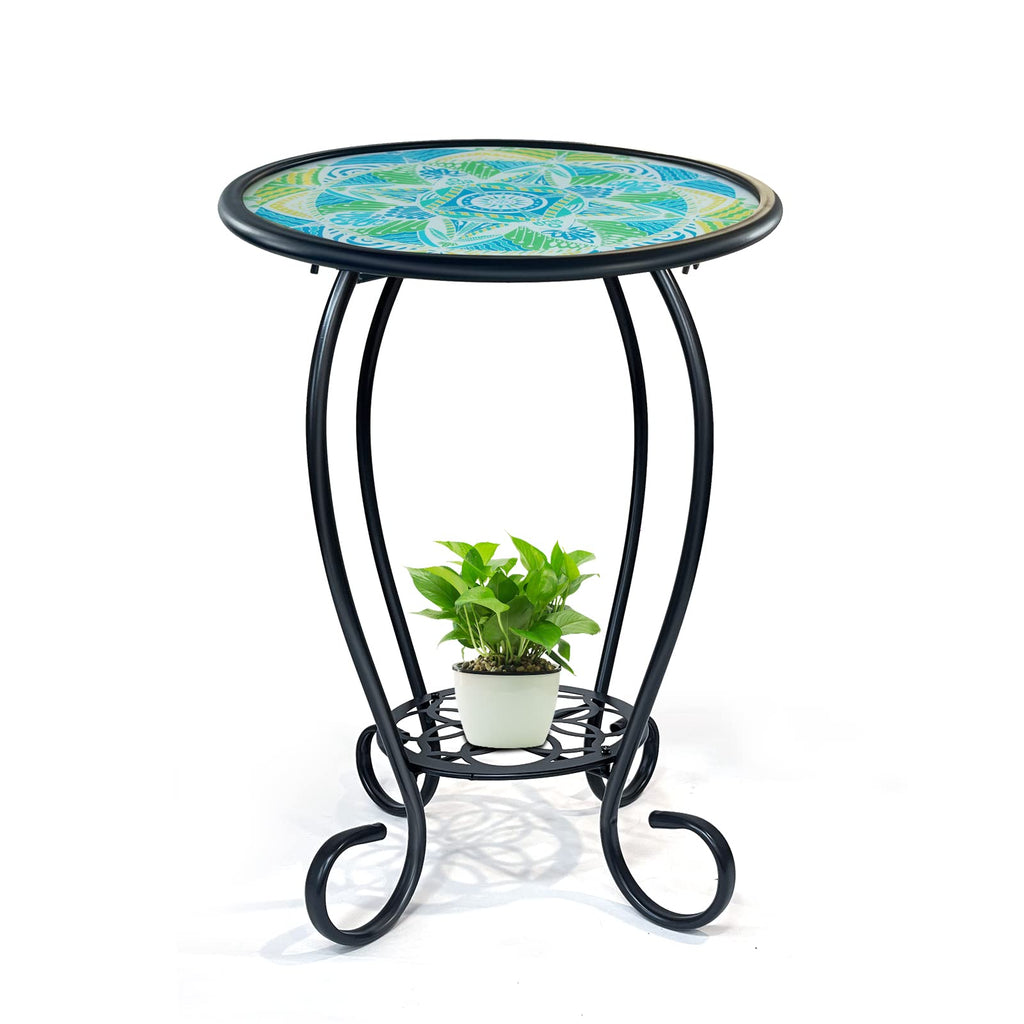 HONGLAND Outdoor Side Table, Small Outdoor Table, 12" Round Patio Side Table End Table, Glass Plant Stand, Small Bistro Coffee Table for Garden Patio Porch Living Room (Pelican)