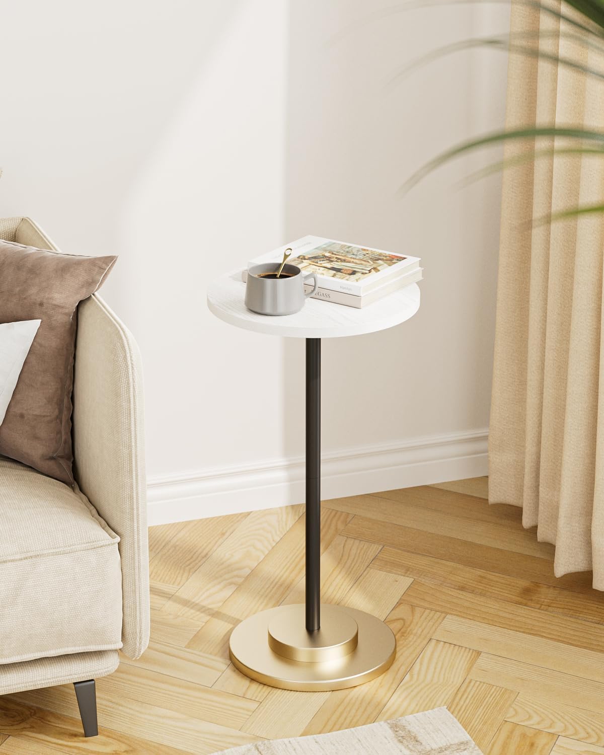 Masupu Drink Table, Round Side Table for Small Spaces, Pedestal Side Table, Small End Table with Metal Base, for Living Room, Bedroom, Bathroom, White