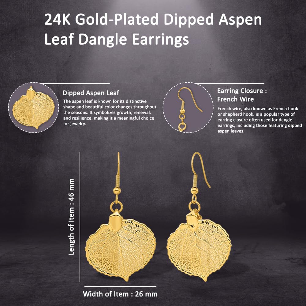 24K Gold-Plated Dipped Aspen Leaf Dangle Earrings (L- 1.82 Inch, W- 1.03 Inch)