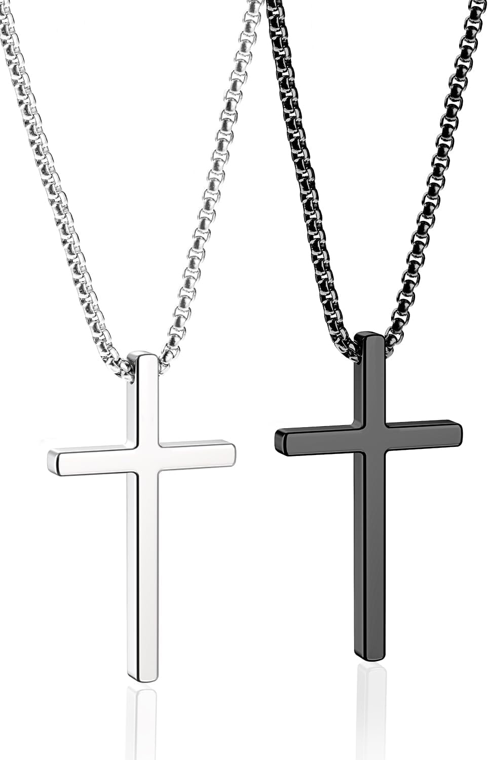 Romass 2 Pcs Cross Necklace for Men,Stainless Steel Pendant Silver Black Crosses Chain Jewelry Gifts Box 16-30 inches