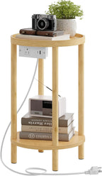 HOOBRO Small Round Side Table with Charging Station, 2-Tier Round Bamboo End Table, Compact Sofa Bedside Table for Small Space, Easy Assembly, for Living Room, Bedroom, Apartment, Natural YL156UBZ01