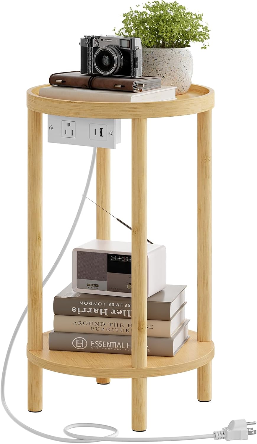 HOOBRO Small Round Side Table with Charging Station, 2-Tier Round Bamboo End Table, Compact Sofa Bedside Table for Small Space, Easy Assembly, for Living Room, Bedroom, Apartment, Natural YL156UBZ01
