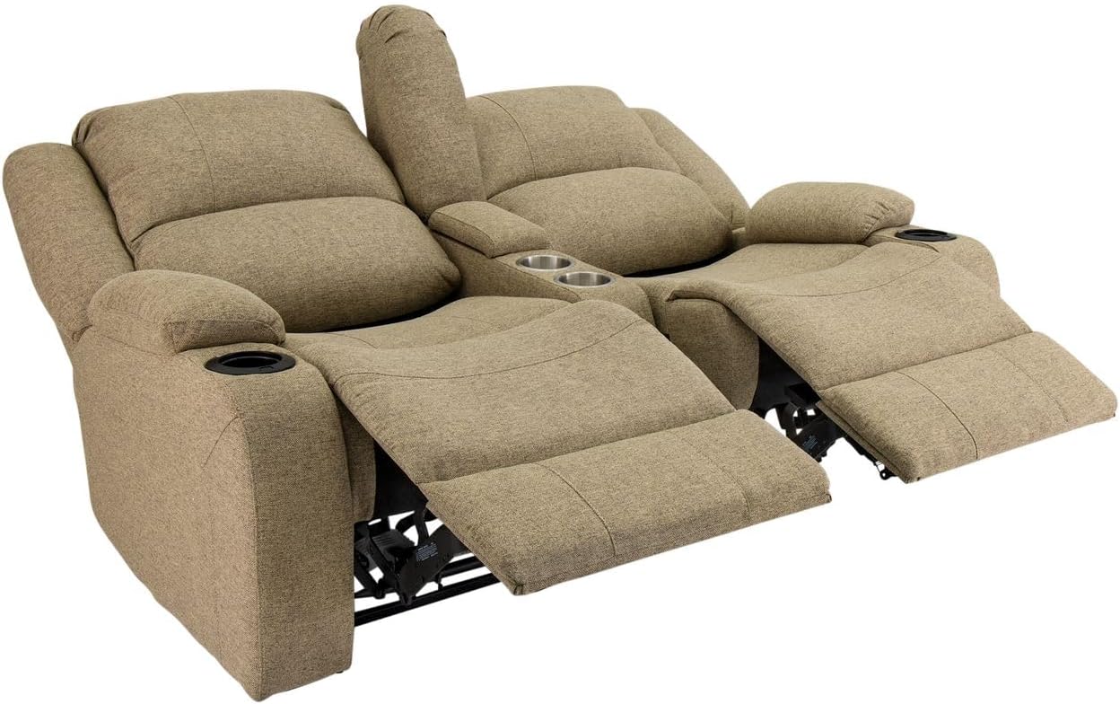RecPro Charles 67" Double Recliner RV Sofa with Console and Cupholders | Zero Wall Loveseat for Camper | Wall Hugger Couch | Fifth Wheel Theater Seating | Replacement RV Furniture | Oatmeal Cloth