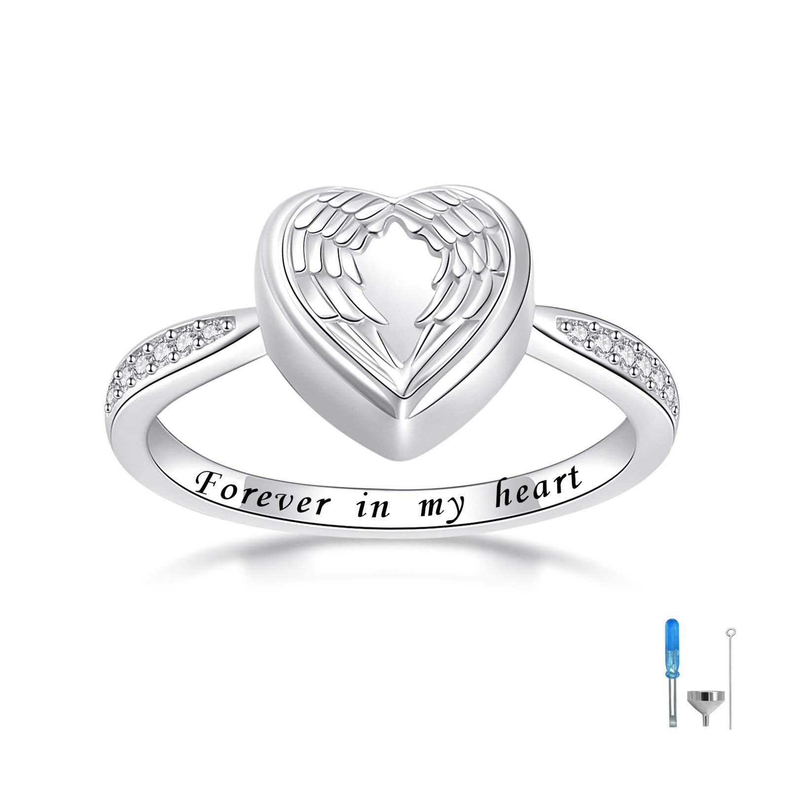Angel Wing Heart Cremation Ring for Women - 925 Sterling Silver Holds Loved Ones Ashes Rings for Pet Human Ash