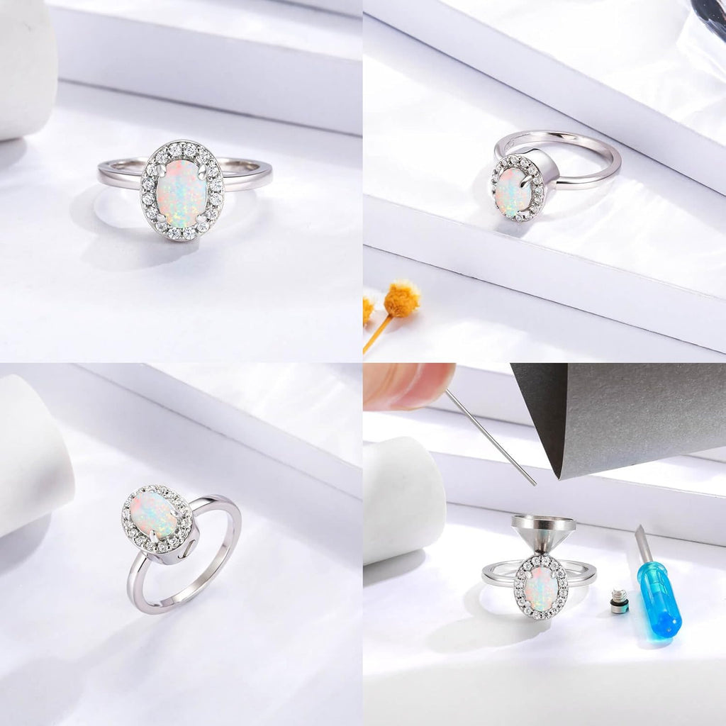 Sterling Silver Opal Cremation Urn Ring: Women Cremation Memorial Keepsake Ring for Ashes With Cubic Zirconia Bereavement Jewelry Gift for A Loss of The Loved One