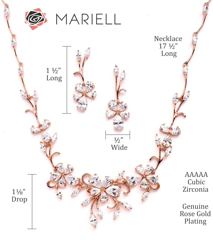 Mariell Elegant Cubic Zirconia Crystal Floral Vine Rose Gold Necklace and Earrings Set, Blush Gold CZ Jewelry Set for Weddings, Brides & Formals
