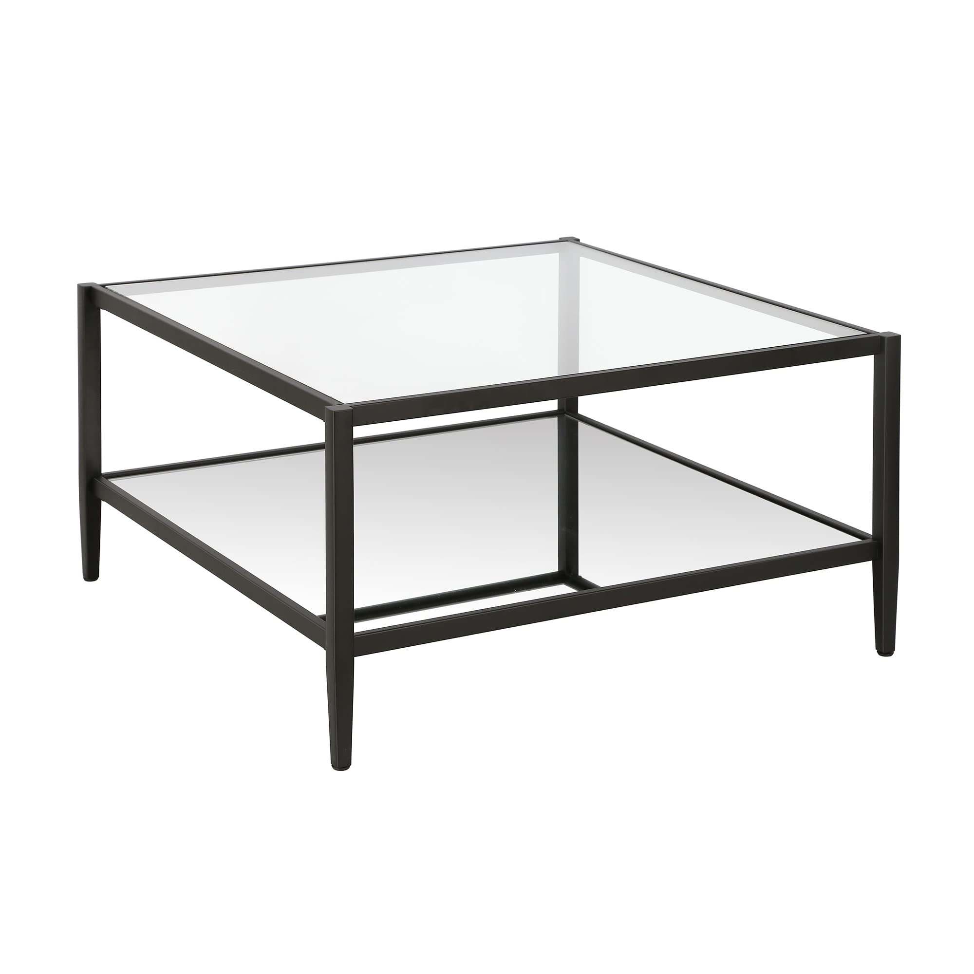 Henn&Hart 24" Wide Rectangular Side Table with Glass Shelf in Antique Brass, Table for Living Room, Bedroom