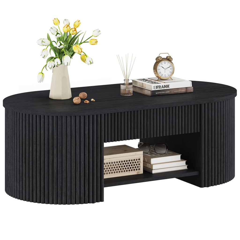 FATORRI Round Coffee Table with Storage, 31.5 Inch Modern Fluted Center Table, Woodern Accent Coffee Tables for Living Room, Black