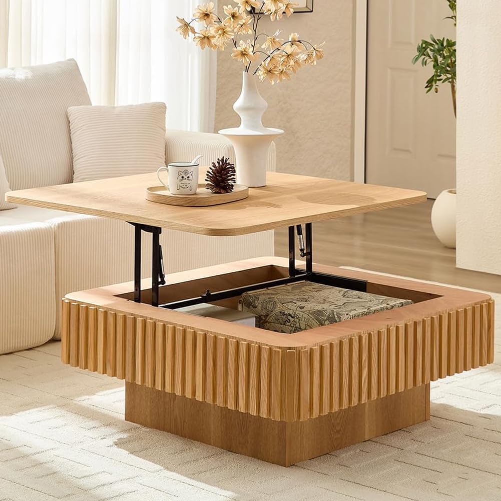 Lift Top Coffee Table with Storage for Living Room Mid Century Modern Coffee Table with Lifting Top Wood Fluted Coffee Tables with Lifts Up Tabletop for Home Apartment Office 38.6" Walnut Rectangle