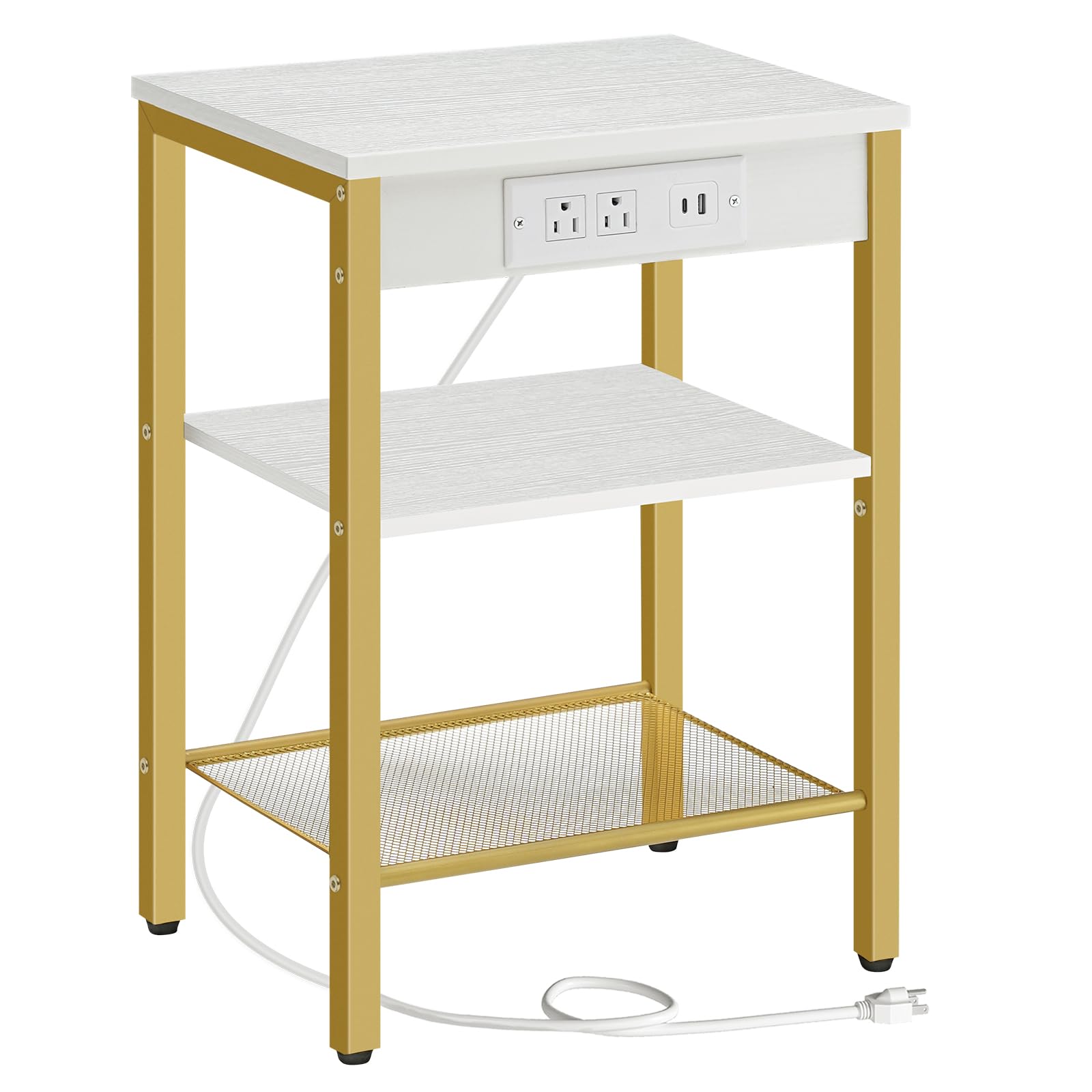 HOOBRO Side Table with Charging Station and USB Ports, Small End Table for Small Space, 3-Tier Nightstand with Adjustable Shelf, for Living Room, Bedroom and Balcony, Rustic Brown BF112BZ01