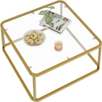 Coffee Table Glass, Minimalist Square Tables for Living Room, Modern Center Table for Office or Small Space, Tempered Glass, Sturdy Metal Frame, Easy Assembly, 26.4 x 26.4 x 15.7 Inches, Gold