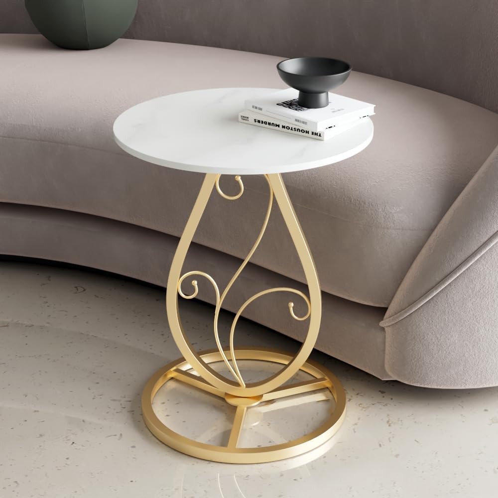 Boho Round Side Table Living Room, Natural Marble Desktop end Tables with Boho Minimalist Metal Floral Base, Modern Decor Bedside nightstand Coffee Table for Living Room Bedroom Sofa Balcony