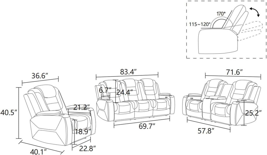 Power Recliner Sofa Set With LED, Leather Furniture Reclining Couch With USB Port/Storage/Cup Holder for Living Room Office Home (Sofa+Loveseat+Chair, Black)
