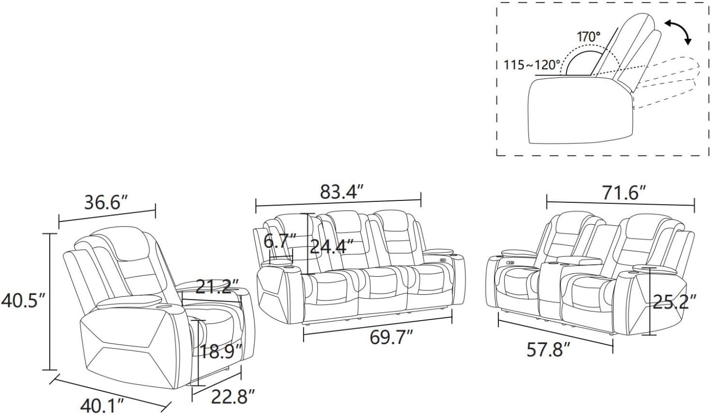 Power Recliner Sofa Set With LED, Leather Furniture Reclining Couch With USB Port/Storage/Cup Holder for Living Room Office Home (Sofa+Loveseat+Chair, Black)