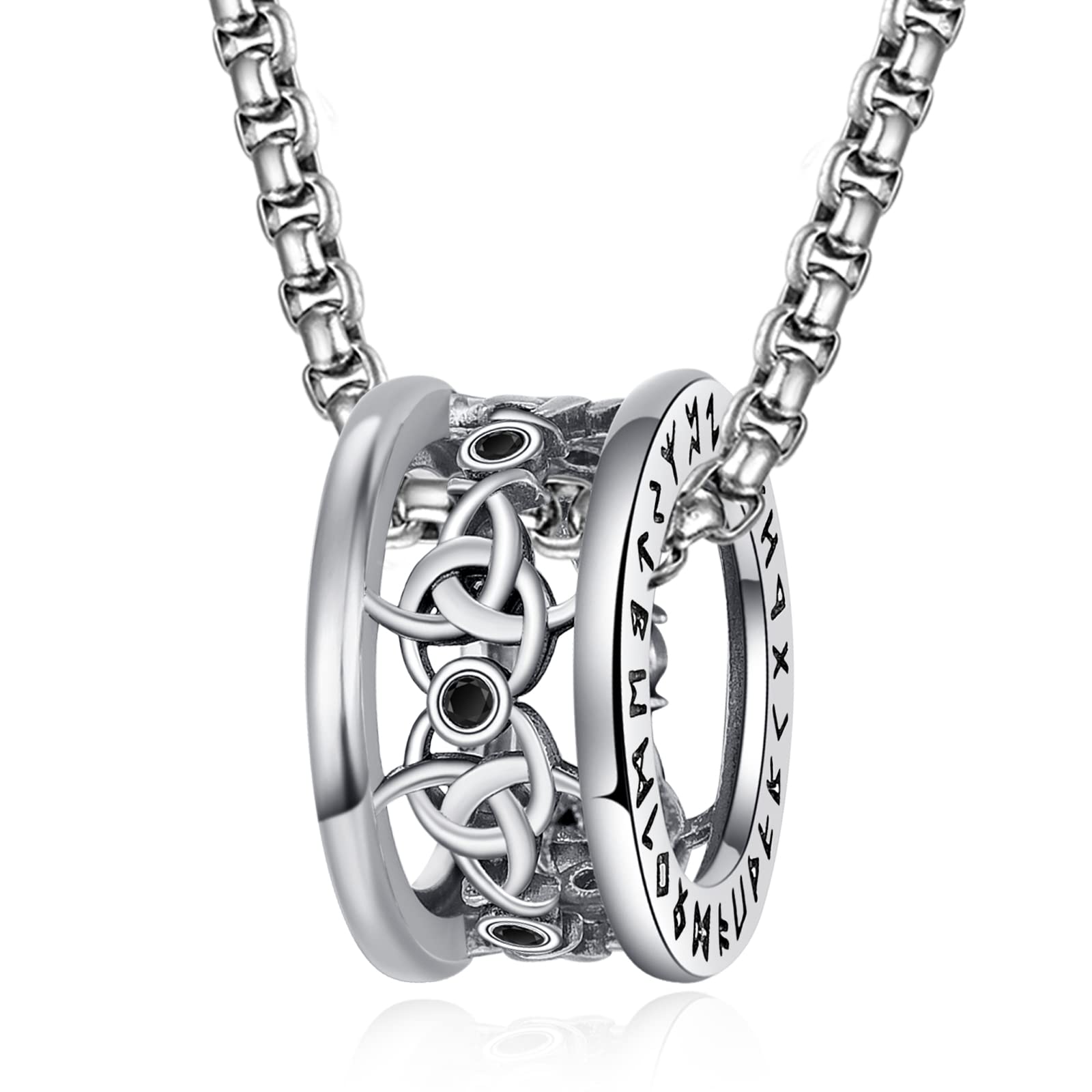 Viking Ring Necklace for Men 925 Sterling Silver Compass/Triquetra/Triskelion/Talisman/Rune/Valknut/Dragon/Odin Pendant Necklace Amulet Jewelry Gifts for Father Son Boyfriend Brother