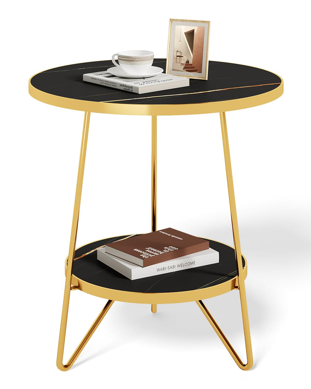 LITTLE TREE 2 Tier Faux Marble End Table Round Side Table with Shelves Small Coffee Accent Table for Living Room, White and Gold