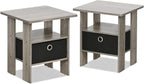 Furinno Andrey Set of 2 End Table / Side Table / Night Stand / Bedside Table with Bin Drawer, French Oak Grey