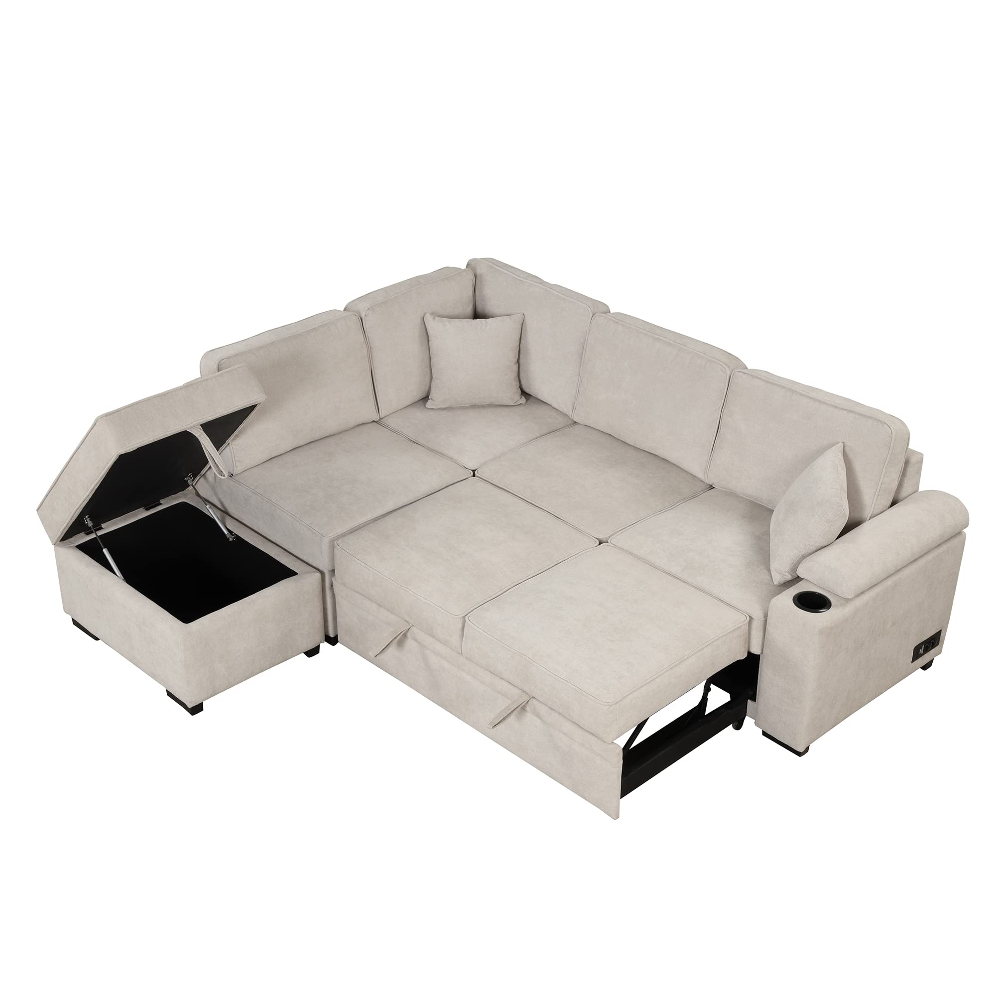 Oversized U-Shaped Sleeper Sectional Sofa Modern Fluffy Corduroy Upholstered Corner Convertible Sofabed with Pull Out Sleeper Couch Bed ,Storage Left Chaise and Pillows for Living Room Furniture Sets
