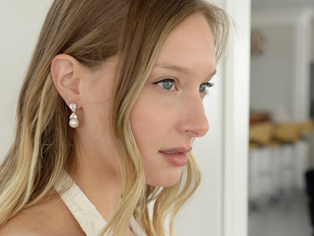 Mariell Pearl Drop Bridal Earrings with Cubic Zirconia Crystals and Ivory Pearls For Brides, Bridesmaids, Weddings, Jewelry Gift for Women